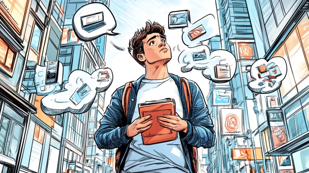 a man walks down the street of a city thinking about selling digital products online