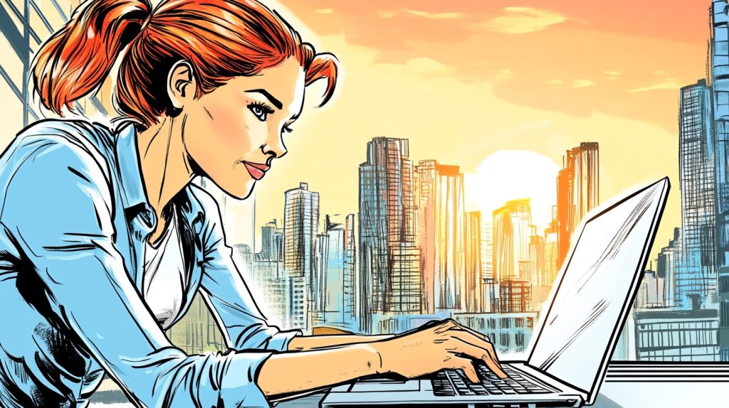 A woman writes at her laptop on a rooftop at sunset. She knows the difference between copywriting vs content writing.