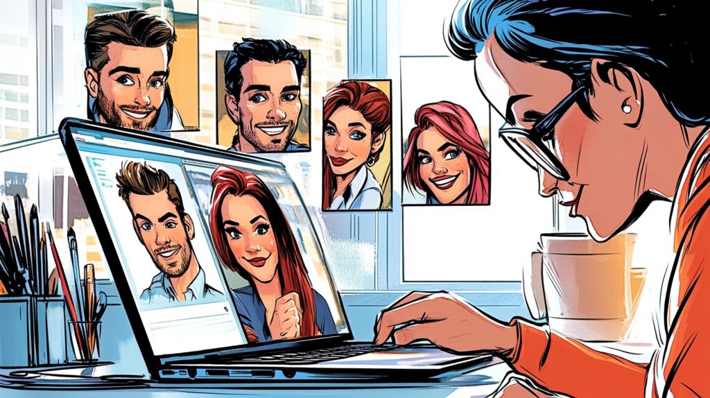 Comic illustration of an online business owner thinking about digital product ideas with friends