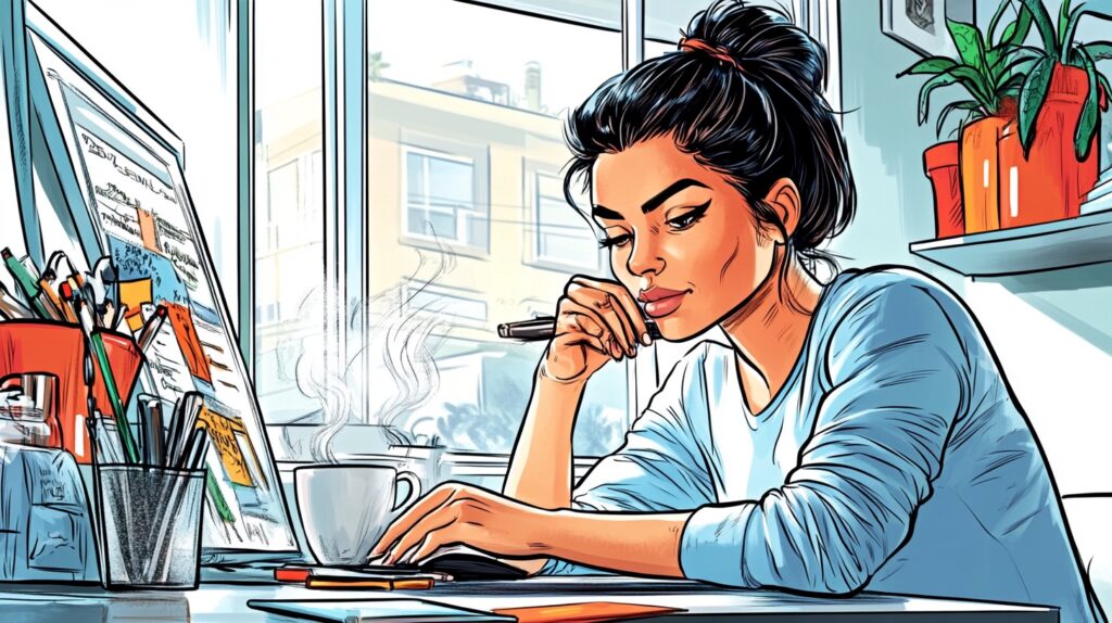 A woman works at her desk with her laptop and coffee. social media copywriting
