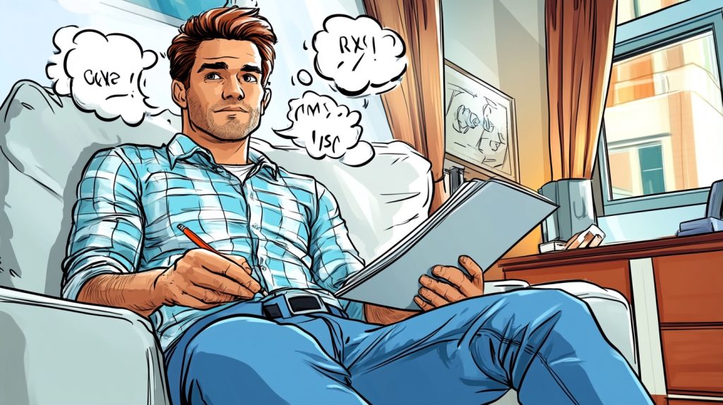 A man sits with a pen and paper working on social media writing techniques