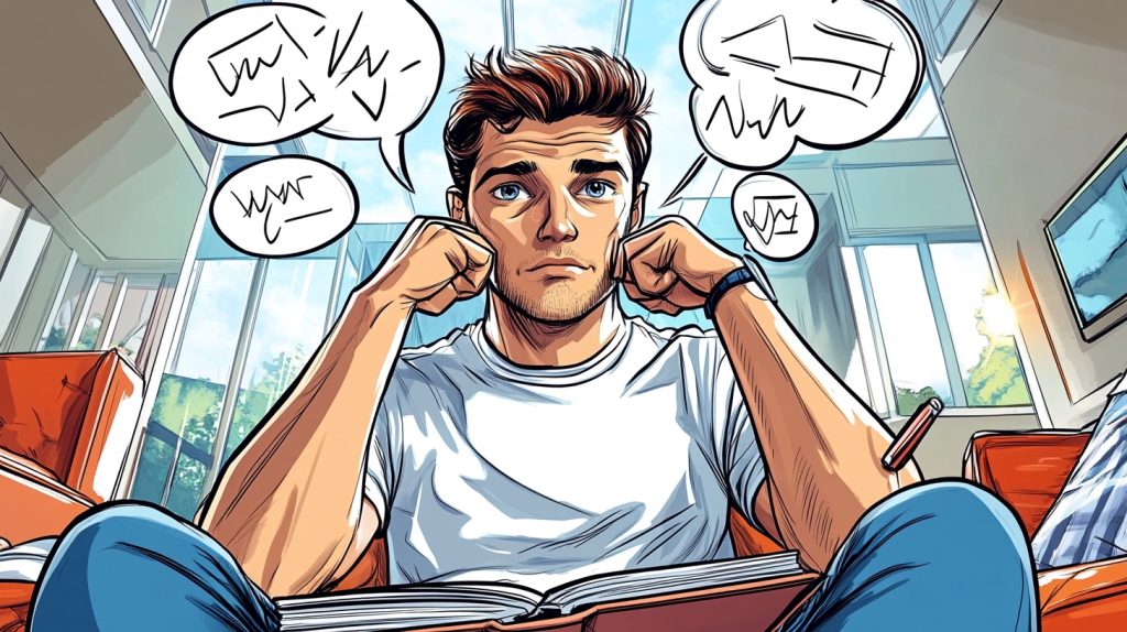 A man sits on a couch with an open notebook. He's wondering about how to do social media content writing