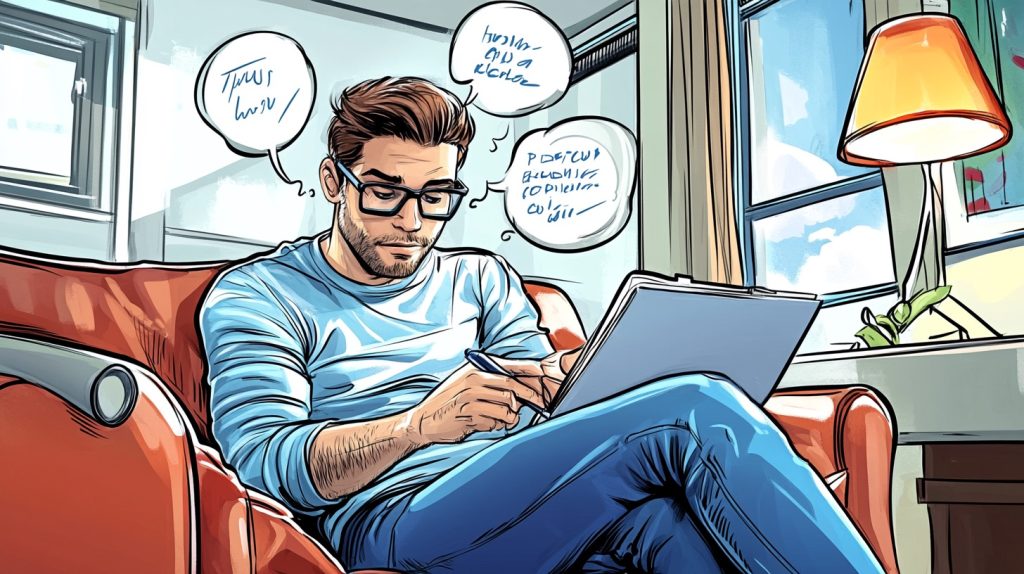 A man sits in a chair with a notebook and pen. He's wondering how to grow on social media.