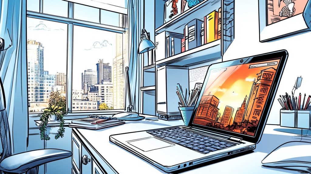A laptop sits open on a home office desk. It's ready for social media marketing best practices.